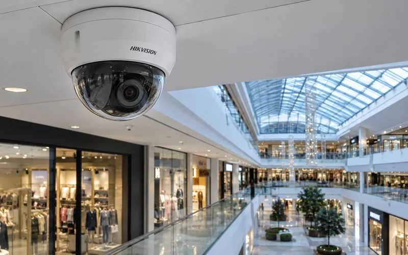 Купольная Hikvision под потолком торговой галереи смотрит на витрины