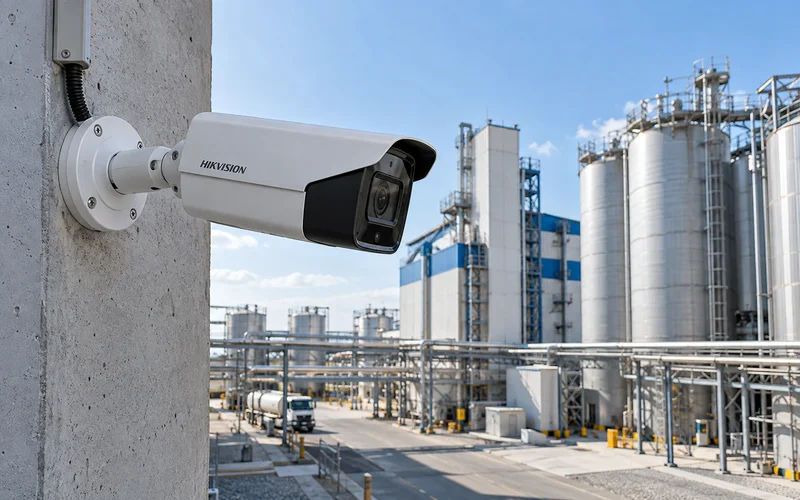 Уличная камера Hikvision на стене заводского здания держит в кадре двор предприятия