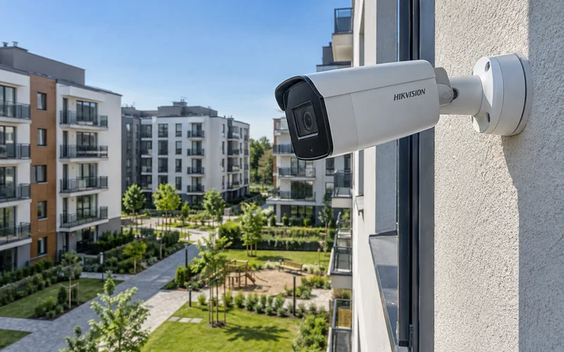 Hikvision на фасаде жилого дома с видом на двор