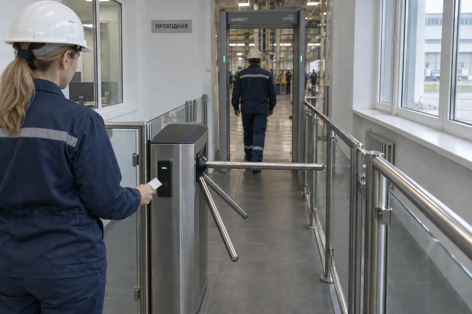 Сотрудница подносит карту к турникету-триподу, позади мужчина проходит металлодетектор