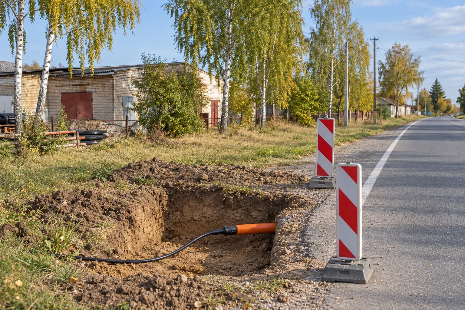 Труба с оптикой выходит после перехода под дорогой